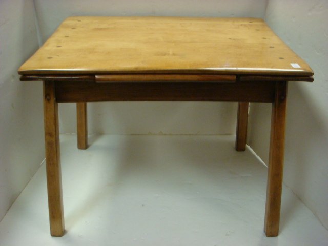 MAPLE AMERICAN MADE Extension Country Dining Table:: MAPLE AMERICAN MADE Extension Country Dining Table: Satin Finish on Rectangular Top Featuring Pull-out Ends, Supported by Through Construction Braces From Beneath Top, Rounded Edges. Square Splay Legs