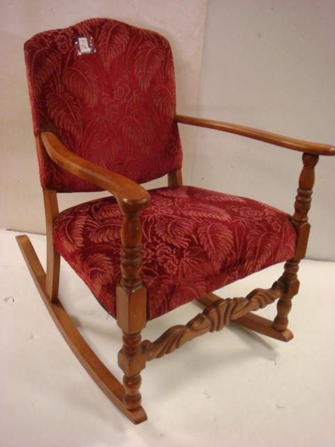 RED VELVET UPHOLSTERED MAPLE Rocking Chair:: RED VELVET UPHOLSTERED MAPLE Rocking Chair: Ring & Block Turned Front Legs W/Carved Front Stretcher Narrow Curved Arm Rests, Deep Rocker. 33"T x 25"W (100-200)