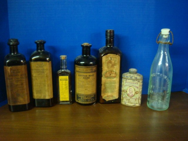 Patent Medicine Bottles:: Patent Medicine Bottles: JAMAICA GINGER, Known as Jake during Prohibition, 90% Alcohol, COTTON ROOT BARK, Used for Self Induced Abortions, Altas Life Tonic, Elixirs of NITROGLYCERIN and GENTIAN & IRON