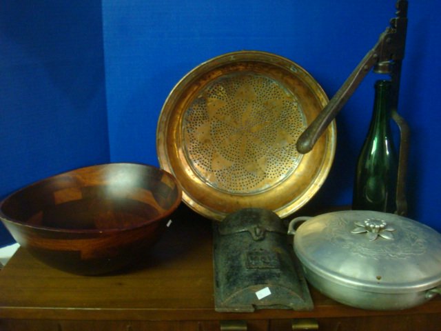 Kitchen Items:: Kitchen Items: Cast Iron Mail Box, Wine Bottle Opener, Hammered Aluminum Covered Vegetable, Laminated Wood Salad Bowl, Copper Sieve. (50-150)