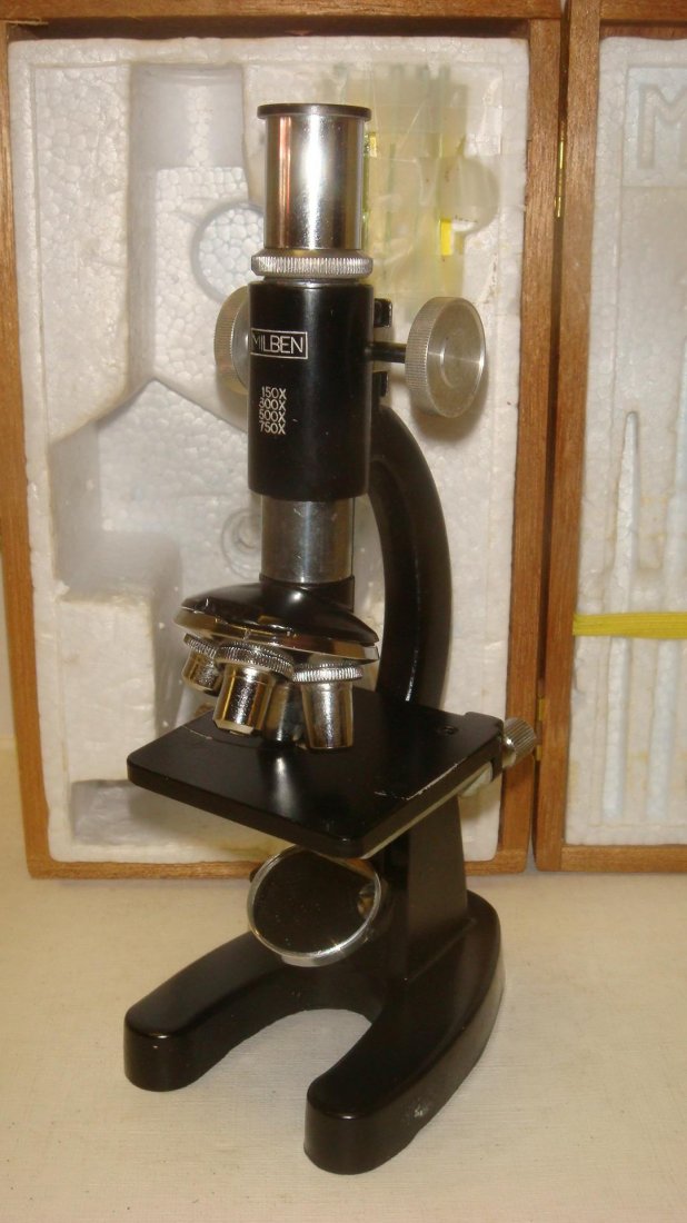 MIBEN Microscope in Box:: MIBEN Microscope in Box: 150X, 300X, 500X & 750X Power with Slides and Spatula. Very Good Condition in Box. (30-100)