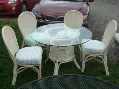 Royal Design Inc. Patio Table w/Four Chairs:: Royal Design Inc. Patio Table w/Four Chairs: Bamboo Style Weather Resistant Material, Round Glass Top Table is 42" in Dia. Chairs Have Reeded Back With Applied Fanned Fern Decoration & Stretcher, in