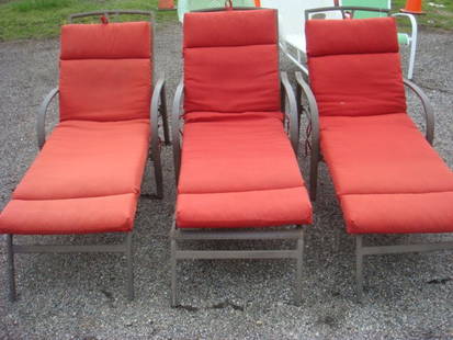 Three HAMPTON BAY Metal Patio Lounge Chairs:: Three HAMPTON BAY Metal Patio Lounge Chairs: 4 Way Adjustable Back With All Weather Cushions. Heavy Steel Frame With "E" Coating. Relax in the Sun! (150-250)