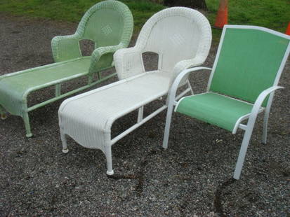 Two HAMPTON BAY Lounge Chairs and an Arm Chair:: Two HAMPTON BAY Lounge Chairs and an Arm Chair: Resin Wicker Lounges in White and Green are both 4' Long. Arm Chair is White With Green Web Seat and Back. (200-300)