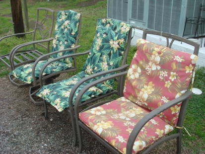 Four HAMPTON BAY Patio Arm Chairs:: Four HAMPTON BAY Patio Arm Chairs: Two Rocking & Two Stationary. All Weather Webbing Seats With Open Work, Metal Back Made In California, With All Weather Cushions. (300-400)