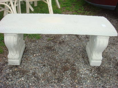 CONCRETE GARDEN BENCH:: CONCRETE GARDEN BENCH: HEAVY 3 Part Bench With Natural Patina. Patterned Apron With Shaped Acanthus Leaf Design Detail on Legs. (200-300)