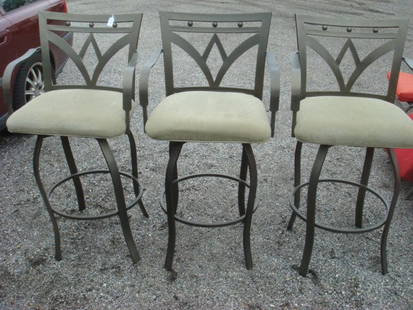 Three Wrought Iron High Dining Chairs:: Three Wrought Iron High Dining Chairs: Bar Stools have Drop in Upholstered Seats, Circular Stretcher, Open Back With Ball Trim. All Weather Webbing Seats. (150-250)