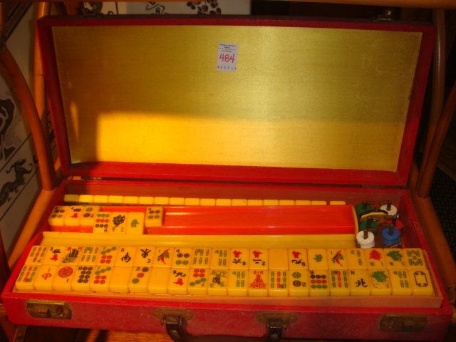 Butterscotch Bakelite Mah Jong Set:: Butterscotch Bakelite Mah Jong Set: 151 Tiles, Hard Side Attaché Case, Bakelite Racks. Set of Chips and Green Dice. Game of Skill for 4 Players with Regional Rules. (100-300)