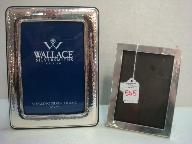 Two Sterling Silver Picture Frames and Decanters:: Two Sterling Silver Picture Frames and Decanters: Wallace Hammered Frame Holds 5" X 7" Picture. Other Vintage Frame has Monogram and Holds a 3 1/2" X 5" Picture. Decanters are 16" and 16 1/2"T with St
