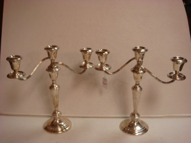 Pair of GORHAM Sterling Silver Twist Candelabra:: Pair of GORHAM Sterling Silver Twist Candelabra: Three Light Candelabra have Twist, Reeded Arms. Three Parts Unscrew to Make a Short or Tall Candlestick. 11 1/2"T. (140-160)