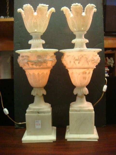 Pair of Carved Alabaster Double Lighted Table Lamps:: Pair of Carved Alabaster Double Lighted Table Lamps: Lighted Top and Bottom, Decorated with Carved Acanthus Leaves, Elegant Framing for the Banquet Table. 24' Tall and 8" Round. (1000-1800)