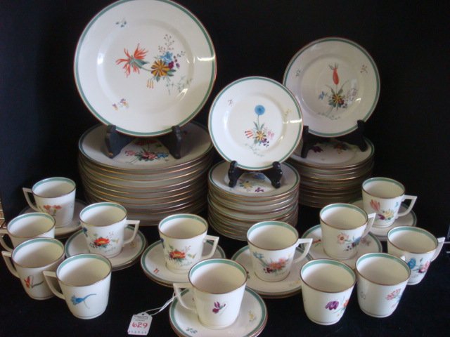 ROYAL COPENHAGEN Hand Painted Dinnerware, 63 Pcs:: ROYAL COPENHAGEN Hand Painted Dinnerware, 63 Pcs: Ca 1961-65. Hand Painted Floral on White Ground with Green Ring, Gold Rims. 12 Each of 9 3/4" Dinner, 7 1/4" Salad and 6 1/4" Bread Plates, 13 Cups an