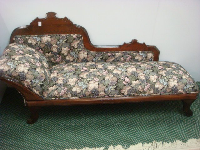 19th C. EASTLAKE FAINTING Couch:: 19th C. EASTLAKE FAINTING Couch: Walnut With Geometric Incised Designs on Top Rail. Exposed Walnut In Front and Down Cabriole Legs Ending in Pad Feet. Reupholstered With Grape Leaf & Flower Motif Fabr
