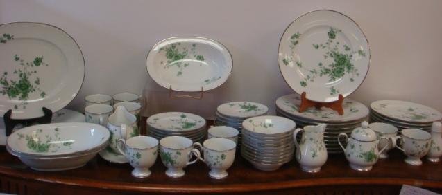 NORITAKE Ireland "TIPPERARY" China:: NORITAKE Ireland "TIPPERARY" China: 71 Pcs of Beautiful Green Floral W/Platinum Rim. Set Includes Service For 10,; Dinner, Salad & Bread Plates Fruit Bowls, Cups & Saucers, Gravy Boat W/Underplate, 3 