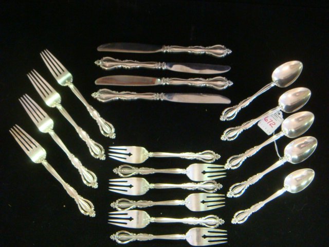 INTERNATIONAL Grand Regency Sterling Silver Flatware:: INTERNATIONAL Grand Regency Sterling Silver Flatware: 19 Pieces Includes 4 Dinner and 6 Salad Forks, 1 Teaspoon, 4 Tablespoons and 4 Knives. (300-400)