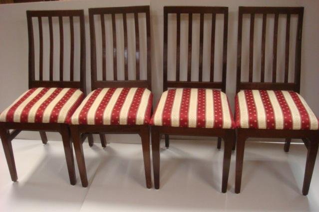 Four Mahogany Side Chairs:: Four Mahogany Side Chairs: Slightly Curved Back With 4 Slats. Burgundy, White & Gold Striped Upholstery over High "H" Stretcher, Ending in Tapered Square Legs. Early to Mid 20th C. 38"T Back 18"T Seat
