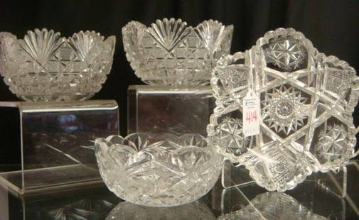 Four Cut Crystal Bowls:: Four Cut Crystal Bowls: Pair of Heavy 2 1/2"T Scalloped, Sawtooth Rim Bowls (High Point Flakes & Chips), 2 1/8"T Scalloped Bowl with Flashing Star on Bottom, Star Shaped Bowl is 6 1/8"D. (100-200)