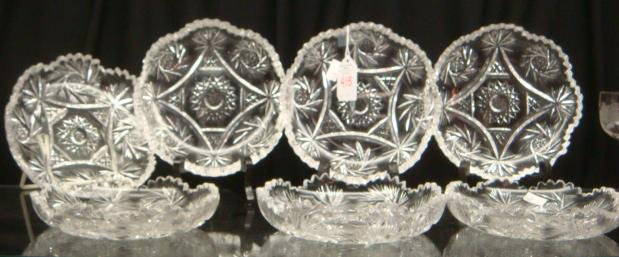 Seven Cut Crystal Ice Cream Bowls:: Seven Cut Crystal Ice Cream Bowls: Star Cut Bowls are 6 1/4"D. Scalloped, Sawtooth have some Chips and Flakes. (200-300)