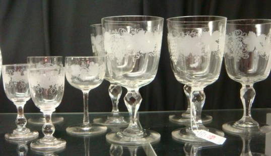 Nine Grapevine Etched Glass Stems:: Nine Grapevine Etched Glass Stems: Five 6 5/8"T Goblets with Faceted Stems, Two 4 1/2"T 4 1/2"T Sherries (Chip on One Foot), Two 4"T Cordials. (60-80)