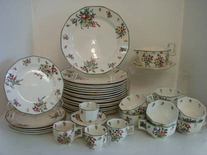 ROYAL DOULTON "Old Leeds Sprays" Dinnerware, 47 Pc:: ROYAL DOULTON "Old Leeds Sprays" Dinnerware, 47 Pc: Mix of Old and Newer. Ca 1912-56. D3548 RdNo597783. Ten 10" and Seven 9 1/2" Dinner Plates, Five Salad Plates, 7 Teacups (3 Chipped) & Saucers, 4