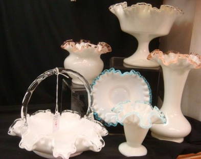 Six FENTON Silver, Aqua and Rose Crest Glass Items:: Six FENTON Silver, Aqua and Rose Crest Glass Items: Silver Crest Includes 6"T Double Crimped Comport and 7"T Handled Basket. Aqua Crest has 4"T Footed Vase and 5 1/2"D Saucer and Rose Crest has 4"