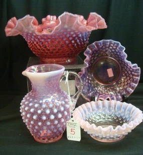 Four FENTON Cranberry Opalescent Hobnail Bowls & Jug:: Four FENTON Cranberry Opalescent Hobnail Bowls & Jug: Double Crimped Bowl is 9 1/4"D, 6" Bonbon and 5 1/2" Bowl (More Pink than Cranberry) and 5 1/2"T Jug with Applied Clear Handle. (100-140)