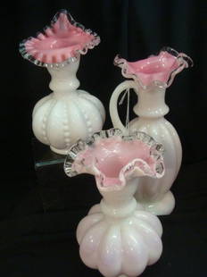 Pair of FENTON Glass Peach Crest Melon Vases and Jug:: Pair of FENTON Glass Peach Crest Melon Vases and Jug: Melon Shaped 6 1/4"T Vase has Double Crimped Top. Beaded Peach Crest Melon 7"T Jack in Pulpit Vase. Handled Jug is 9" Tall. All CA 1942-48. 