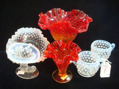 Six Pieces FENTON Orange & French Opalescent Hobnail:: Six Pieces FENTON Orange & French Opalescent Hobnail: Orange or Amboina 6"T Comport and 4"T Mini Vase. French Opalescent 3 3/4"T Cornucopia, 2"T #3 Creamer and Sugar, 5"D Bonbon. (100-160)