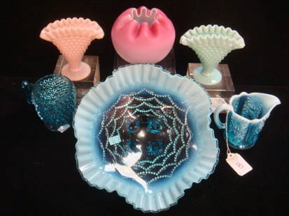 6 PC. Assortment of Mt WASHINGTON, FENTON & NORTHWOOD:: 6 PC. Assortment of Mt WASHINGTON, FENTON & NORTHWOOD: Northwood Beaded Drapes Blue Opalescent Bowl is 9"D with 4 Feet (Chip on Foot). Blue Opalescent Pattern Glass Creamer is 3 1/2"T. Pink Cased