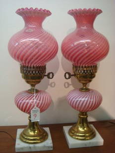 Pair of FENTON Cranberry Opalescent Swirl Lamps:: Pair of FENTON Cranberry Opalescent Swirl Lamps: Cranberry Opalescent Swirl Glass Fonts and Shades with Original Fenton Foil Label. Brassed Metal Base and Shade Holder with Key Turn Switch. Marble