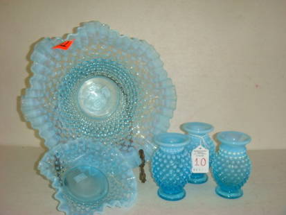 FENTON Glass Blue Opalescent Hobnail Items:: FENTON Glass Blue Opalescent Hobnail Items: Ca 1940-1954. Three 3 3/4"T Miniature Footed Vases, 6"D Crimped Dish and 10"D Double Crimped Bowl. (100-140)