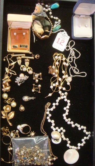 Collection of Pearl/Opal/Rhinestone Costume Jewelry:: Collection of Pearl/Opal/Rhinestone Costume Jewelry: Clip and Pierced Earrings, Some in Gold Filled Settings. Makers Include Vandell, Winard and Wells. Turquoise Sweater Clip. Bag of Pierced Stud Earr