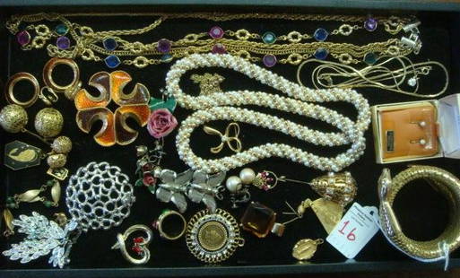 Array of Ladies Costume Jewelry:: Array of Ladies Costume Jewelry: Cultured Pearl Earrings, Cleopatra Asp Bracelet, Enamel Pin and Earring Suite, Pearl and Goldtone Rope Twist Necklace, Clip Earrings, Enamel Pin and Earring Suite,