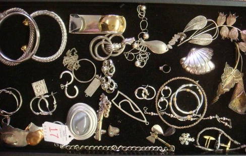 Variety of Ladies Silvertone Costume Jewelry:: Variety of Ladies Silvertone Costume Jewelry: Clip and Pierced Earrings, Kennedy Key Ring, Belt Clips, Matk XIV Scarf Clip. Ear Clip, Spun Silver Lapel Pins, Cuff Links, Bracelets and More. Earring