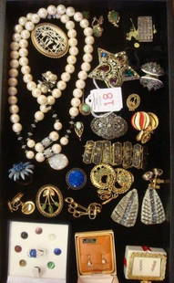 Selection of Ladies Costume Jewelry:: Selection of Ladies Costume Jewelry: 925 Silver Ring with 9 Changeable Semi-Precious Stones. Cultured Pearl Earrings, Shoe Clips, Marquesite Belt Buckle, Thai Bracelet, Carved Bone Pin, Hieroglyphic