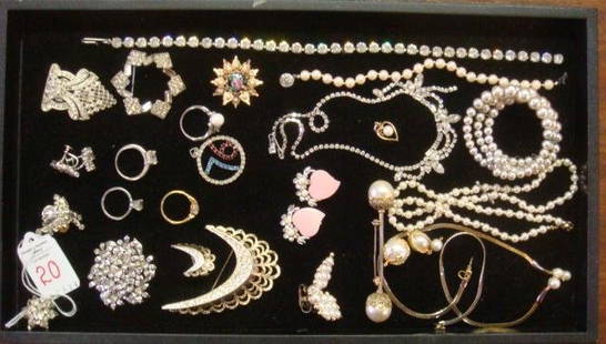 Rhinestone and Pearl Costume Jewelry:: Rhinestone and Pearl Costume Jewelry: Clip Earrings, Lapel Pins and Rings. Rhinestone Choker, Enamel Pin with Pearls, Coro Pin, Barbell Pearl Pin, Spiral Wire Bracelet and More. (100-200)