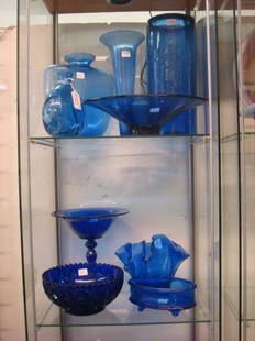 Nine pc Blue & Cobalt Vases, Bowls and More:: Nine pc Blue & Cobalt Vases, Bowls and More: 12"T Blown Cylinder Vase, 10 1/2"T Trumpet Vase, 8 3/4"T Pillow Vase, 6"T Handkerchief Vase, 11" Oval Bowl, 7 1/2"D Bowl Marked SC, 6 1/2" Oval Footed