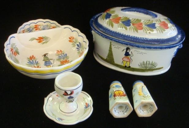 Five Pieces of HENRIOT QUIMPER France Table Items:: Five Pieces of HENRIOT QUIMPER France Table Items: Egg Cup with Handpainted Bird and Attached Saucer is 3"T. Paneled Salt & Pepper Shakers are 3 1/2"T. Dip Bowl with Breton is 9"L. Lidded 9 3/8" Oval 