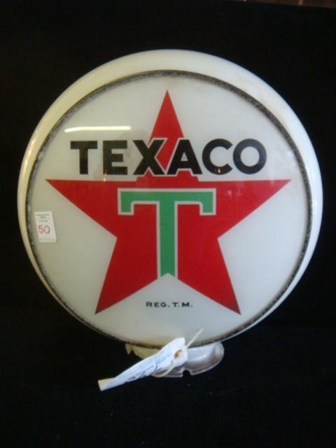 Vintage Glass Texaco Gas Pump Globe:: Vintage Glass Texaco Gas Pump Globe: Red Star with Green T, Black Texas and Metal Ring. Open Back. Chipped at Base. (40-80)