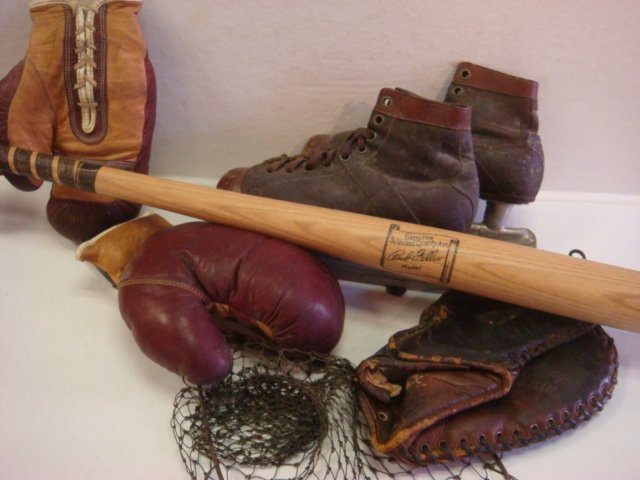 Assorted Vintage Sports Equipment:: Assorted Vintage Sports Equipment: Pair of Lace Up Leather Ice Skates. Hutch Cincinnati USA Leather Boxing Gloves. Bob Fellers Model Ash Baseball Bat. Fishing Dip Net and Top-Gun-JR Toy Cap Pistol wit