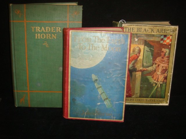 Three Adventure Books for Young Men:: Three Adventure Books for Young Men: Jules Verne, FROM THE EARTH TO THE MOON, 1922; Robert Louis Stevenson, THE BLACK ARROW, 1923; and Ethelreda Lewis, TRADER HORN, 1927. All Good Adventure Yarns. (50