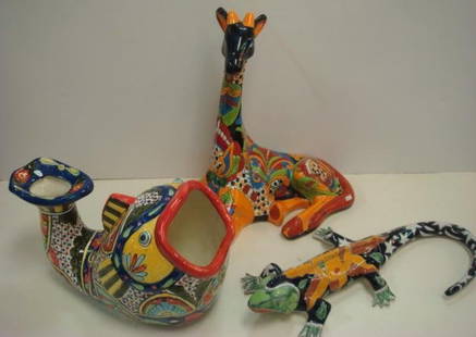 Hand painted Mexican TALAVERA Fish, Lizard, Giraffe:: Hand painted Mexican TALAVERA Fish, Lizard, Giraffe: Mexican Folk Art Fish Planter is 10 1/2"T X 15"L. Multicolored Lizard is 24"L, Can be Hung. Giraffe is 20"T. Hand Thrown Talavera Technique is