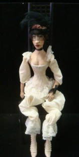 PAT WEEKS 1990 Daddy Long Legs Doll in Chair:: PAT WEEKS 1990 Daddy Long Legs Doll in Chair: Lady in Corset and Pantaloons, High Top Button Shoes, Black Lace Veil and Feathers, Holds Key with Tassel. 24"T. She Sits on High Slat Back Chair with
