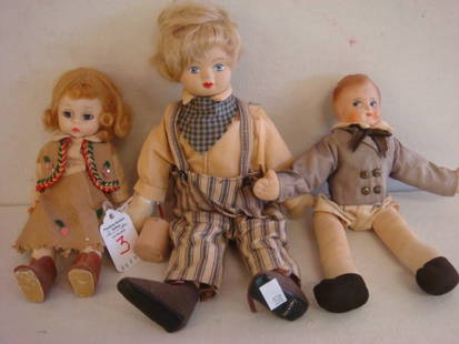 Three Toy Baby Dolls, 1 MME ALEXANDER:: Three Toy Baby Dolls, 1 MME ALEXANDER: 8" Boy with Celluloid Head (Split at Seam), Cloth Body, Molded Head with Painted Face. 7" MME Alexander Cow Girl, 1966, Sleep Eyes, Original Clothes with Tag,