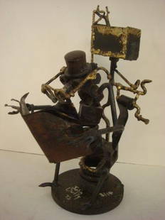 Whimsical "Found" Metal Sculpture by JOHN DUFFY:: Whimsical "Found" Metal Sculpture by JOHN DUFFY: Man on Toilet Reading Paper. Signed and Dated '72, 8/10. John Duffy is a Junk Metal Artist who Creates Metal Sculpture Combining Imagination, Artistic