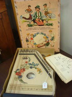 JUBELTONE German Zither in Original Box:: JUBELTONE German Zither in Original Box: Has Cards, Tuning Key and Metal Pick. Box Reads Munich Greets the United States in English and German. Floral Pattern on Top of Zither. Some Damage to Box