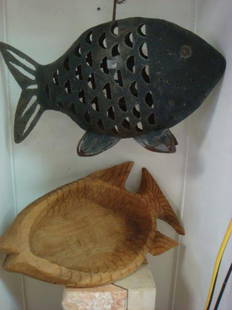 Wooden and Metal Decorator Fish:: Wooden and Metal Decorator Fish: Carved Wooden Bowl is 23 1/2"L, 11 1/2"W. Metal Work Pierced Fish Candle Holder has Ring for Hanging. 24"L, 13 1/4"T. (60-80)