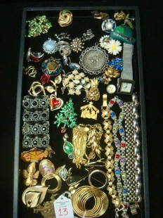Assortment of Ladies Costume Jewelry:: Assortment of Ladies Costume Jewelry: Pierced, Clip and Screw Back Earrings. Les Bernert, 925, 14KT, Some of Marks. JJ Sajen 925 Pendant with Druzy and Green Turquoise, Holiday Theme Pins, 60's