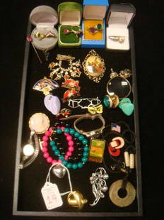 Selection of Ladies Costume Jewelry:: Selection of Ladies Costume Jewelry: Included 6 Fashion Rings (1 10KT, 1 Sterling), Coro Earrings and Pin, Monet Magnifier, Famous Patented Coro Duette Frame by Adolph Katz, Coventry and Quartz