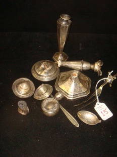 Scrap Sterling Silver:: Scrap Sterling Silver: Weighted Candlestick Parts, Caps, Spoons, Salts and Meat Fork. (40-60)